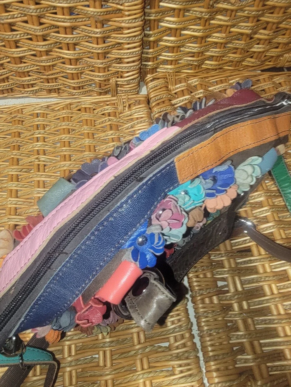 Leather Flowers Multicolor Fall Medium Hobo Y2K Handbag Applique pp5900